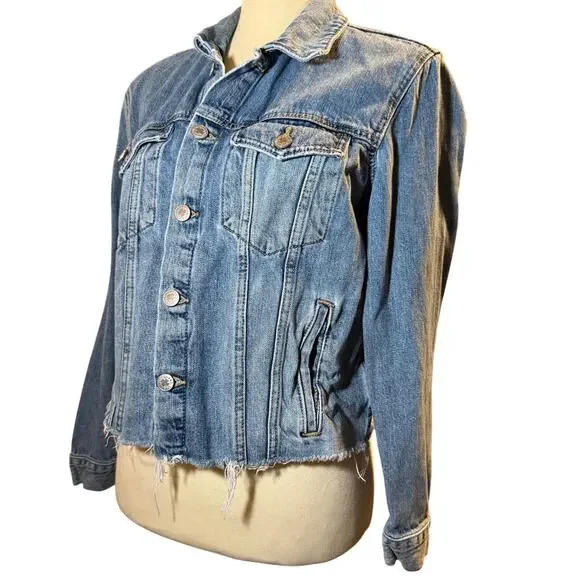 Lucky Brand Raw Hem Denim Trucker Jacket, Cotton Tencel Blend, Women's Large - Picture 1 of 9